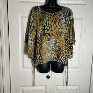 Sunny Leigh Shirt Women M Animal Print Butterfly Sleeves Sheer‎ Boho Blouse Top